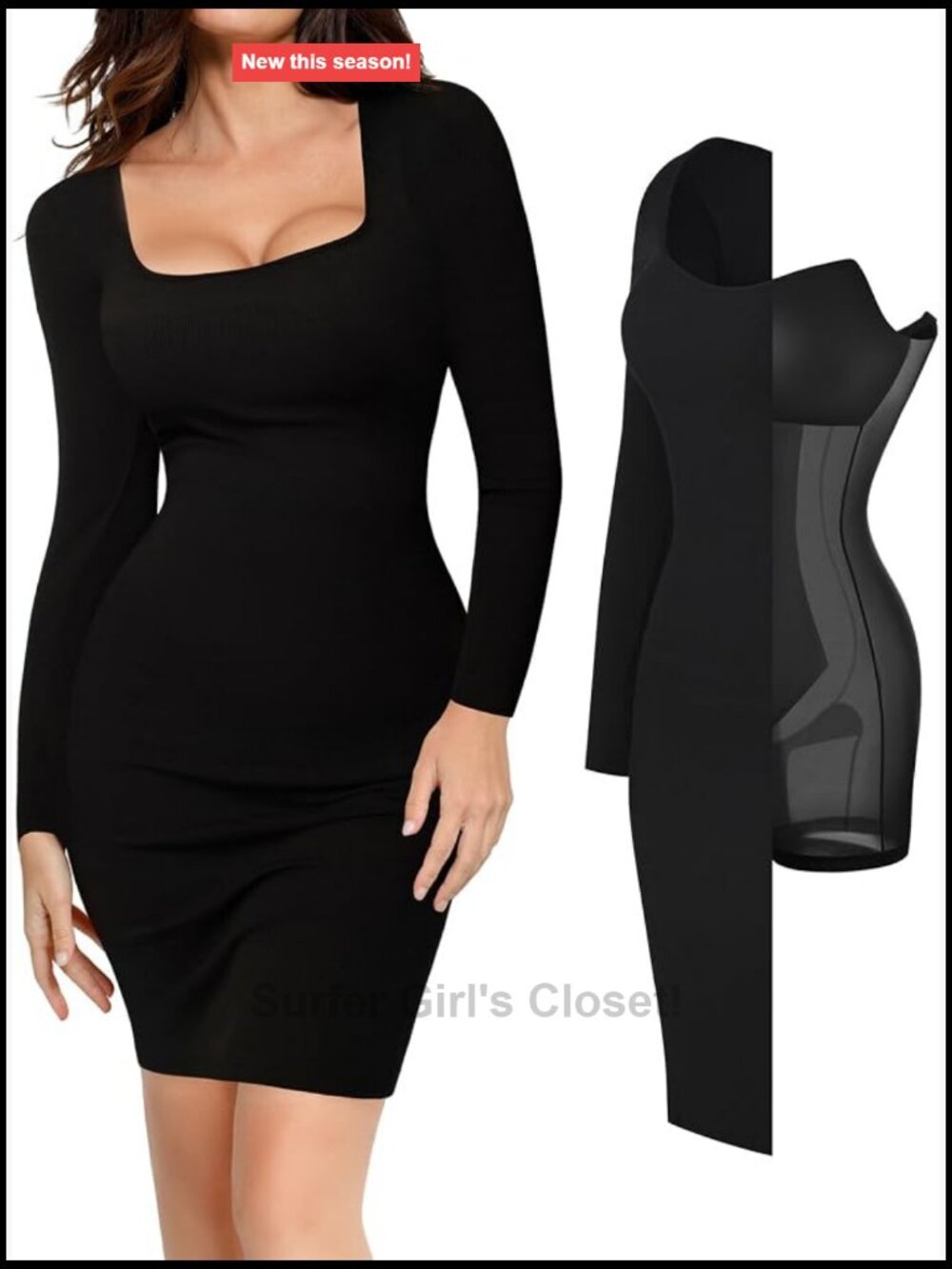 Long Sleeve Midi Bodycon Dress with Built-in Bra Shapewear